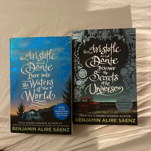 böcker - Booktook böckerna 'Aristotle and Dante Dive into the Waters of the World' och tvåan 'Aristotle and Dante Discover the Secrets of the Universe' de är i princip nyskick, 60 kr för en och 100 för båda💗