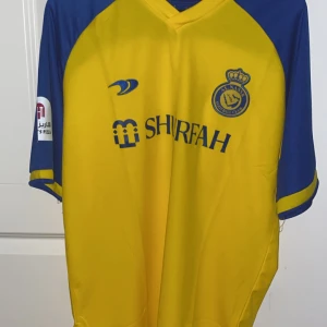 Gul och blå Al nasser fotbollströja - Säljer en gul och blå  Al nasser fotbollströja med korta ärmar. Tröjan har ett tryck med 'Ronaldo' och nummer 7 på baksidan. Perfekt för fotbollsfans som vill visa sitt stöd.