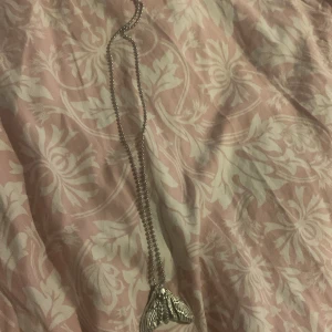 Silverfärgat halsband med insektshänge - Unikt silverfärgat halsband med ett detaljerat insektshänge. Hänget har en intrikat design med en dödskalle på kroppen och vingar med fina linjer. Kedjan är av kulmodell. Aldrig använt 