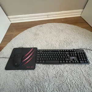 Svart tangentbord och mus med musmatta - Säljer ett svart tangentbord och mus med en matchande musmatta. Tangentbordet har en klassisk layout med numerisk del och musen är ergonomiskt utformad för bekvämt spelande. Musmattan har ett coolt rött klo-mönster. Perfekt för gaming eller kontorsarbete!