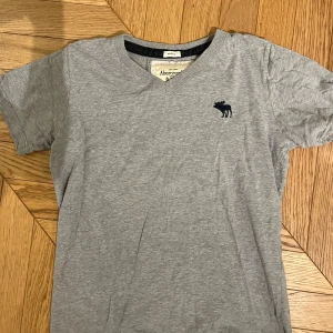 Grå t-shirt från Abercrombie & Fitch - Säljer en grå t-shirt från Abercrombie & Fitch med en broderad älg i mörkblått på bröstet. T-shirten har en v-ringad hals och korta ärmar. Perfekt för en avslappnad stil.