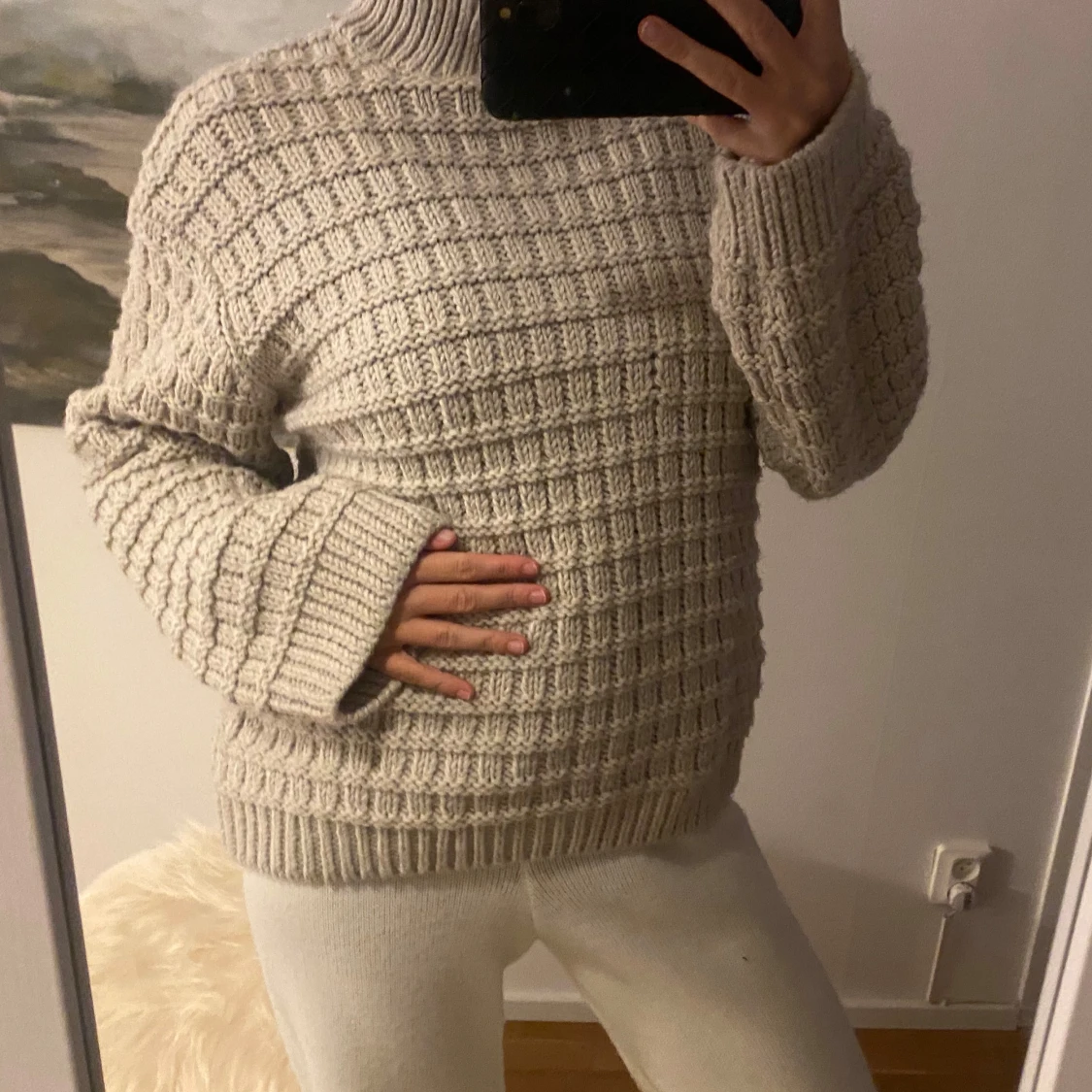 Beige stickad polotröja - 1