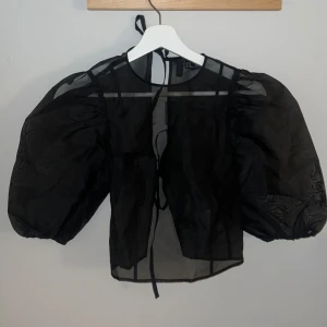 Svart blus med puffärmar - Säljer en superfin svart transparent blus med stora puffärmar. Den har en knytning i nacken och på ryggen. Passar perfekt över ett linne eller en snygg bh. Helt ny med prislapp