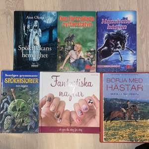 Säljer några av mina favoritböcker från när jag var liten! 30 kr styck med undantag för Hästboken och spökhistorier boken som kostar 20 kr styck pga att de är repiga/trasiga (se bild) Alla andra böcker har inga eller små defekter. Passar åldern 9-13 år