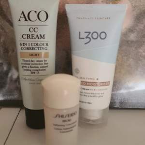 Endast provade. Paketpris  L300 tinted moisturiser face cream warm bronze 60 ml. Full size  Doft fri.  ACO CC CREAM 6 IN 1 COLOUR CORRECTING. Färg light. Spf 15. 50 ml full size. Doftfri  Shiseido ibuki. Softening concentrate. 15 ml. Travel . 