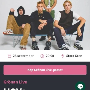 Säljer Hov1 biljett 23/9 - Hej säljer min grönalundbiljett när hov1 spelar nu på fredag för kan inte gå. Köp biljetten så mailar jag dig den på direkten🙌 den är heldags pass så man kan komma in 16:00!