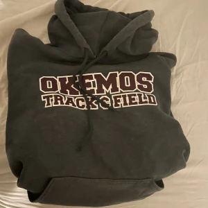 Vintage hoodie - Mörkgrå vintagehoodie med vinrött tryck