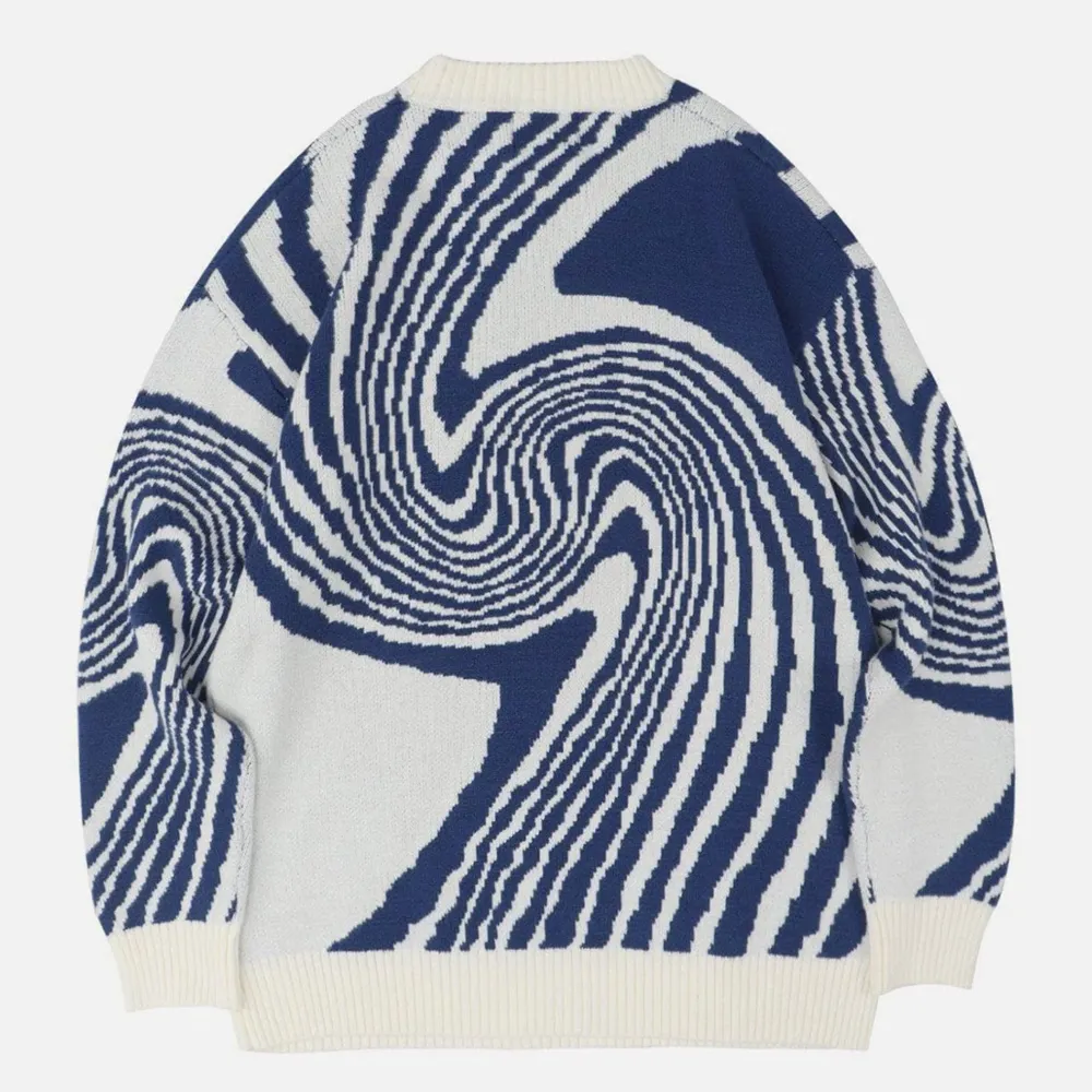 Superfin stickad blå- och vitmönstrad tröja från Aelfric Eden i modellen Whirlpool Knit Sweater. Trendig på Pinterest och så fin!!  Storlek S, men oversized så passar allt från XS-L  Inköpspris: 80 euro.   Endast använd 1 gång! . Tröjor & Koftor.