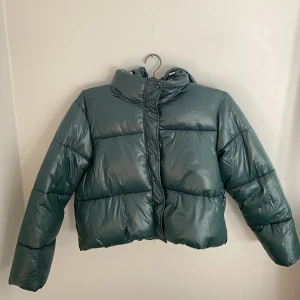 Grön dun jacka - Säljer en något croppad dunjacka som har andvända ca 5 gånger. Köpt för 869kr - St 42 - Avtagbar luva.