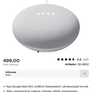 Nest mini 2nd generation  - Säljer denna Nest Mini 2nd generation pågrund av ingen användning! Har haft den i mitt rum sedan april där den bara stått på mitt bord! Nypris 499kr säljer för 399 + frakt! Köparen står för frakten! Priset kan sänkas vid snabb affär! Kolla bild 3! 