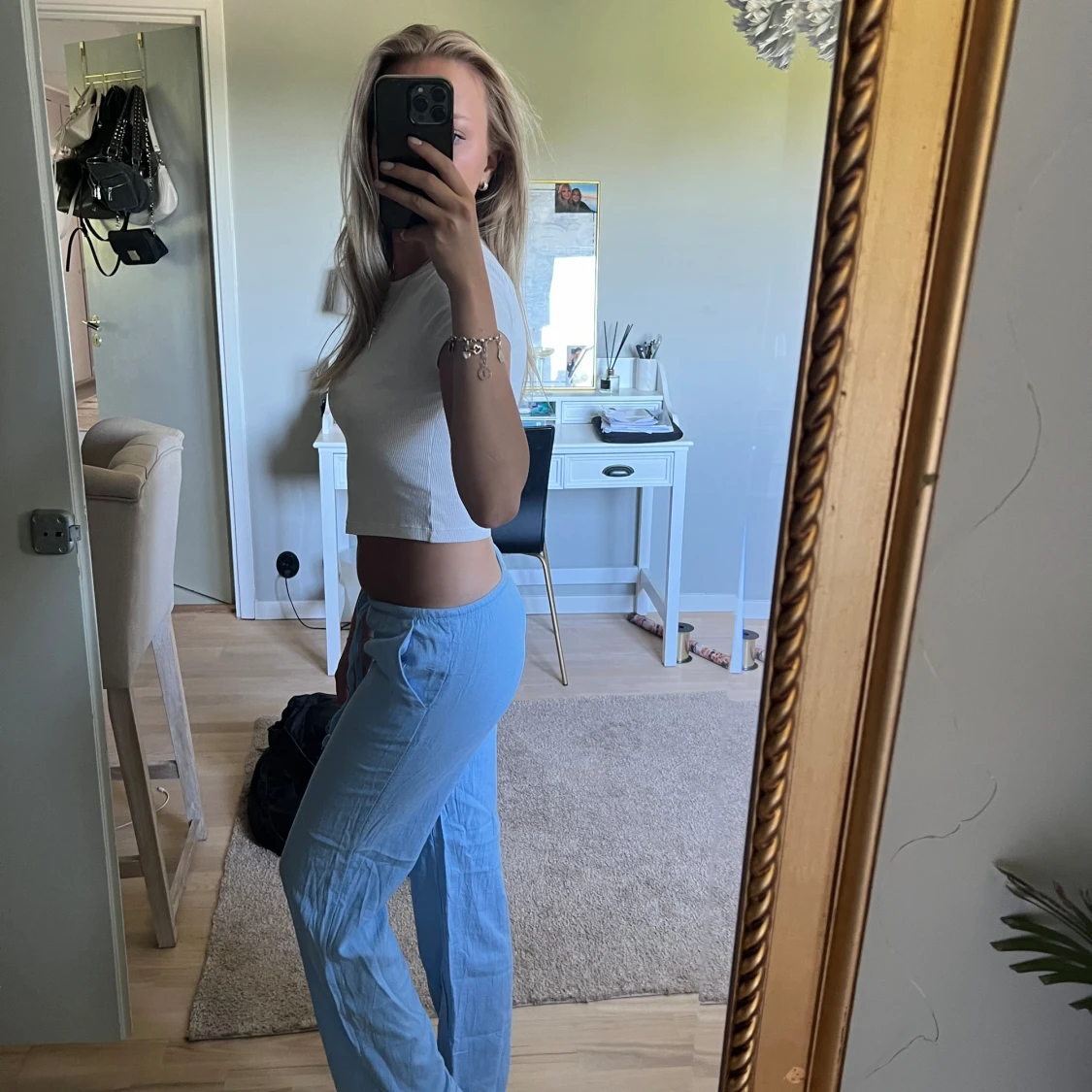 Ljusblå linnebyxor  - 90