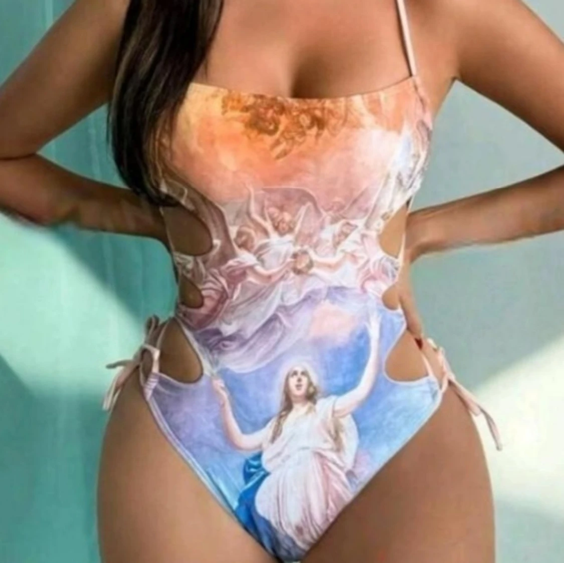 HELT NY & OANVÄND ovanlig baddräkt, pastellfärgad / flerfärgad. Änglar. Strlk: LITEN Large. - 1