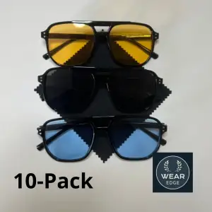 10-Pack solglasögon!  Perfekt till dig som vill återförsälja solglasögon eller för dig som vill dela dem med några kompisar!  Skriv ett meddelande med vilka färger du vill ha så fixar vi det!  Exempelvis, 5 gula, 4 blåa och 1 svarta.