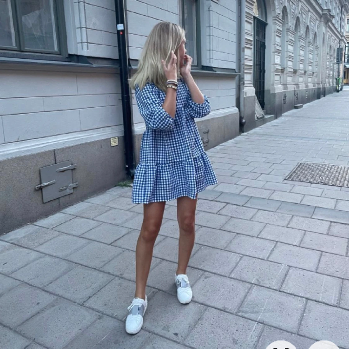 Blårutig klänning - 90