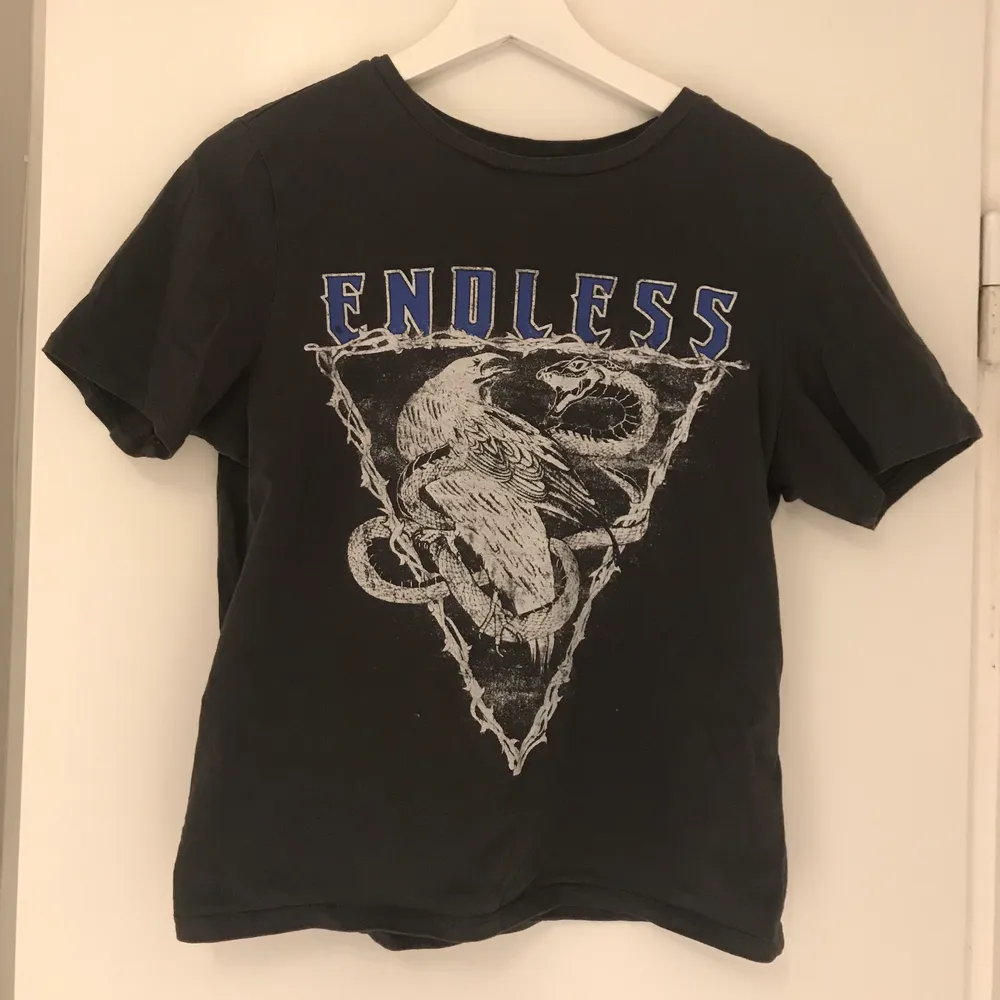 Snygg T-shirt från hm med texten ”Endless” på. Använd men fint skick. Den har krympt lite i tvätten så skulle även passa XS.. T-shirts.