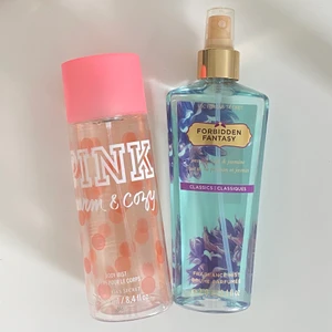 Perfym - Body Mist ”Warm & Cozy” från Pink. ”Forbidden Fantasy” Parfym från Victoria’s Secret. Båda är använda (se bild 2&3). Skriv privat så kan vi komma överens om pris tillsammans!