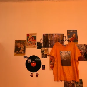 Orange T-shirt med tryck - En orange T-shirt med strand motiv på framsidan. Köpt på H&M i storlek XL. Blekt själv och säljer pga att den aldrig används. Använd ett antal gånger. Säljer för 80kr + frakt🧡🧡