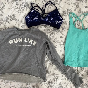 Träningströja PAKETPRIS - 2 träningströjor och 1 sporttopp med snygga detaljer fram och bak. Snygg rygg även på linnet. Fint skick, sparsamt använda. Linne storlek 36, tröja, storlek M och sporttopp storlek L (passar även en M)