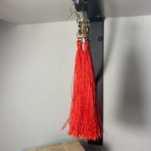 Helt oanvända örhängen - Ett par helt oanvända örhängen från glitter. Röda tofsar med gulddetalger! De röda tofsarna är ca 10 cm långa🥰 frakten betalar köparen, 22 kr. 