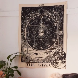 tapestry - köpt på urban outfitters för $49.00 och den är i superbra skick, har hål i två av hörnen (bild 3) där upp där den satt fast. säljer då den inte passar mitt rum längre. - Mått: 56"l x 72"w . Kan mötas i stockholm eller så står köparen för frakt på 63kr🪐