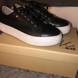 Svarta skor - Svarta skor från K.Cobler i skinnimitation med guldiga detaljer, skorna är använda en gång och i riktigt bra skick, som nya. 