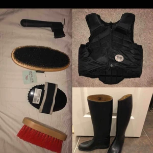  - Ridväst: ca storlek s/m, inte använt mycket. (300kr)  Ridstövlar: ca 38, gummistövlar, bra märke och bra skick. (200kr)  Sett med borstar mm: aldrig använt borstarna, bara hovkratsen (250kr för alla tsm)   Snabbaffär kan få bättre pris
