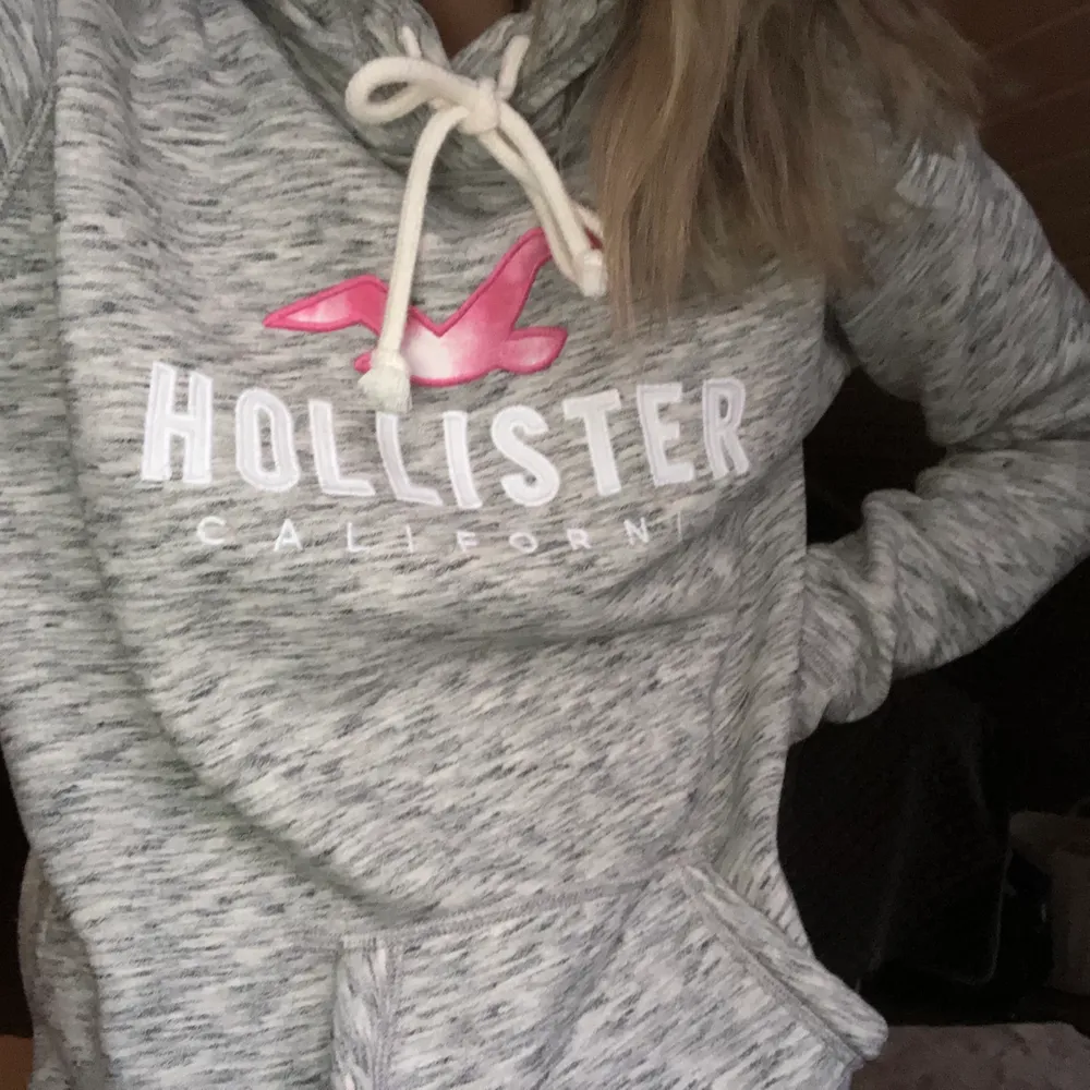 En grå och vit hoodie med rosa tryck! Jätteskön hoodie med mjukt material, köpte den för 600kr, som ny💗. Hoodies.