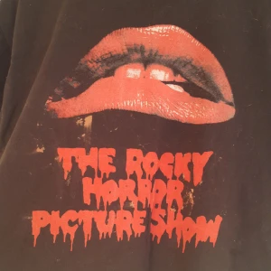  - fett cool rocky horror t-shirt, stor i storleken jag hade den som oversize. så allt från xs-xl kommer passa beroende på önskad passform. tyvärr blekta fläckar på tyget men inget som påverkar allt för mycket. frakt tillkommer