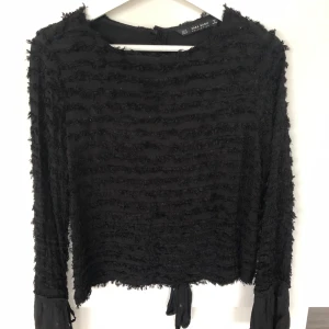 Svart blus Zara storlek S - En fin svart plus med fransiga detaljer. Öppen i ryggen vilket är så fint. I ett väldigt bra skick!