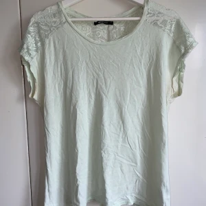 Pastellgrön topp med spetsdetaljer - Supersöt pastellgrön topp med spets vid axlar och nacke ish. Supertrendig och somrig färg!! Storlek M men passar nog S-L🥰 priset går att diskutera! Köparen står för frakt☺️