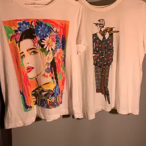 2st t-shirts från Zara med tryck. Tröjan till vänster är stl S och tröjan till höger är stl M, men båda har ungefär samma passform. Båda tröjorna är väldigt lite använda och är i väldigt fint skick. Säljer båda för 100kr. 