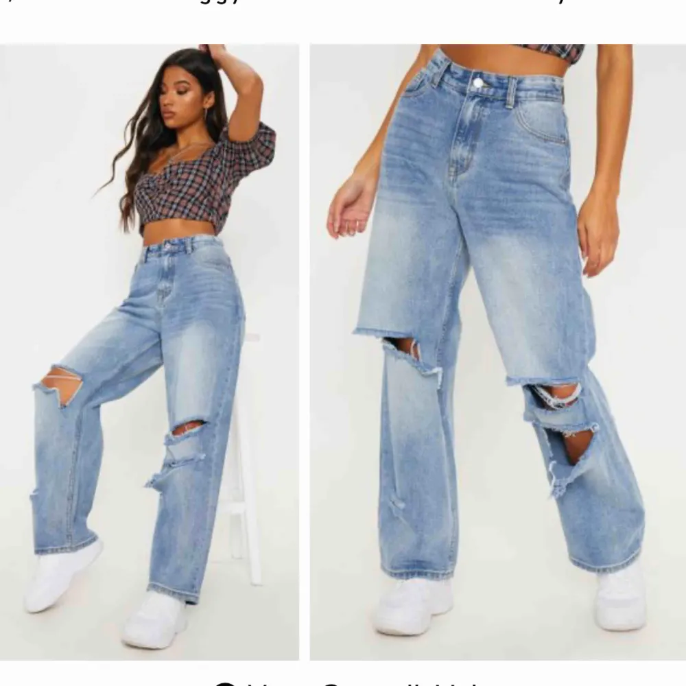 Säljer dessa trendiga byxor från Prettylittlething. Oanvända, lapparna sitter även kvar. Säljer pågrund av att dem är för stora och jag är storlek 34. Många intresserade så kommer endast sälja om det är bud vid 350 eller högre + 70kr frakt. Jeans & Byxor.