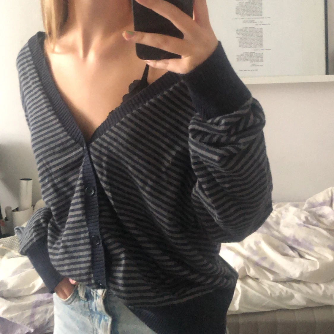 Grå/blå randig kofta