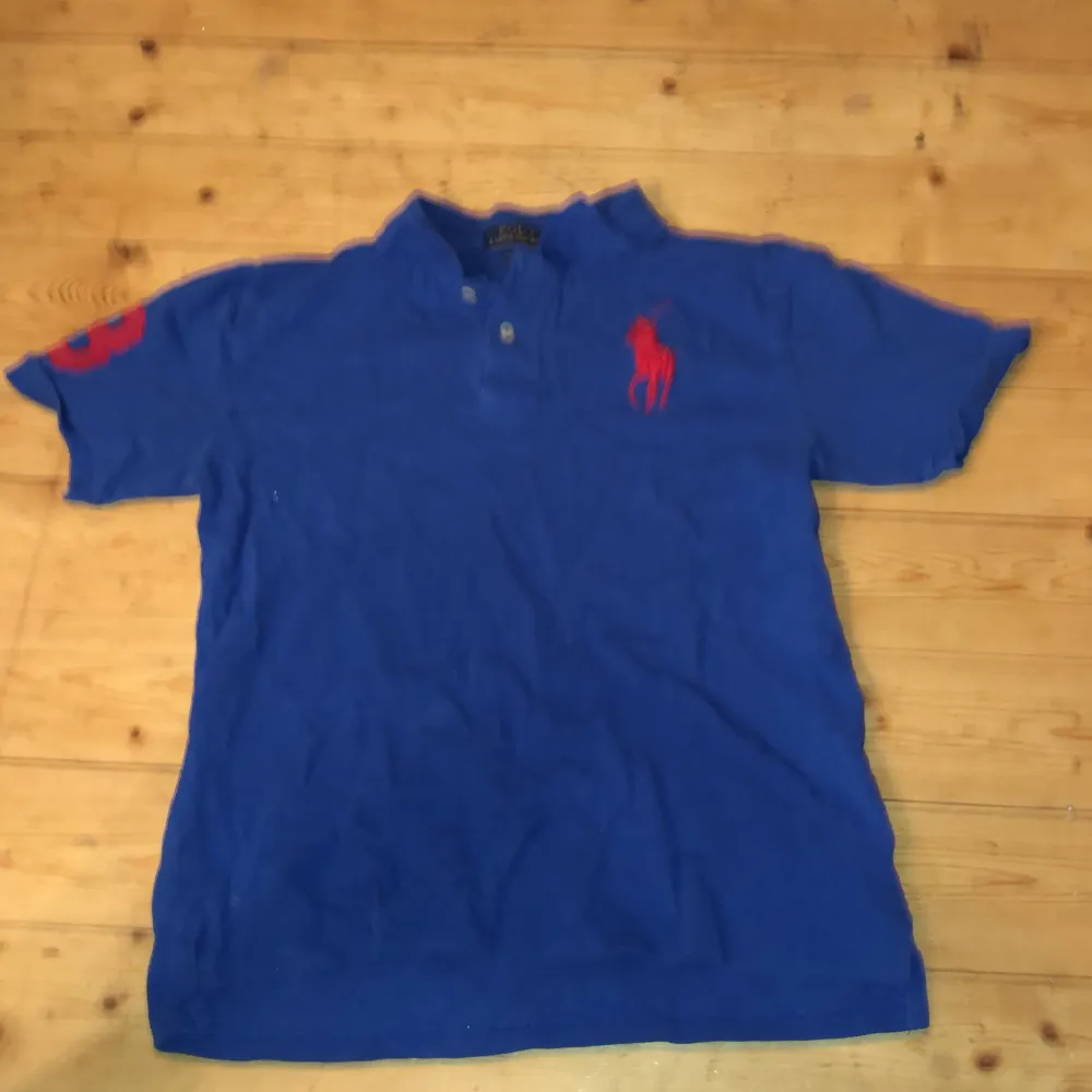 Säljer en snygg blå pikétröja från Ralph Lauren med klassisk passform. Tröjan har korta ärmar och en röd broderad logga på bröstet. Perfekt för en avslappnad men stilren look!. T-shirts.