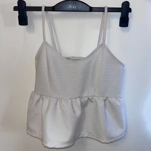 Vit linnetopp från BikBok - Säljer en söt vit linnetopp från BikBok med smala axelband och en volangdetalj nedtill. Toppen har en ribbad struktur och en elastisk del på baksidan för bättre passform. Perfekt för varma sommardagar!