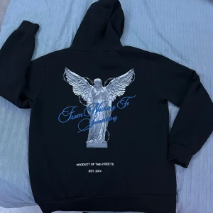 Svart hoodie från Hoodrich - Säljer en svart hoodie från Hoodrich med en stor ängelgrafik och texten 'From Nothin' To Somethin'' på ryggen. Framsidan har en mindre logotyp och text i vitt och blått. Hoodien har en klassisk känguruficka och tryck på huvan. Storlek M och är knappt använd (Hoodien säljs inte längre på nätet)‼️