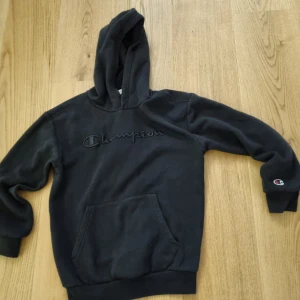 Svart hoodie från Champion - Säljer en svart hoodie från Champion i mycket bra skick. Den har en stor ficka i mitten och är väldigt mysig och perfekt för höst, vinter och vår. Storlek 150/155 och 11/12 år.