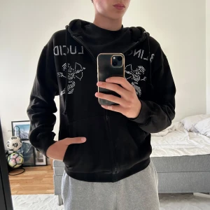 Svart hoodie med blingdetaljer från Bling Lucid - Säljer en svart blinglucid huvtröja, den är i toppenskick och endast använd 2 gånger och tvättat en gång i tvättpåse.  Storlek s (jag är 174cm lång)