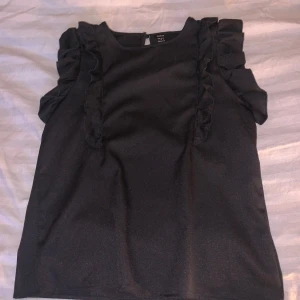 Svart topp med volangdetaljer - Snygg svart topp från Shein i storlek S. Den har volangdetaljer längs axlarna som ger en extra touch. Perfekt för både vardag och festliga tillfällen. Materialet är mjukt och bekvämt, vilket gör den lätt att bära hela dagen. Finns en jättelitet tråd som sticker ut, men man tänker absolut inte på det!!🥰