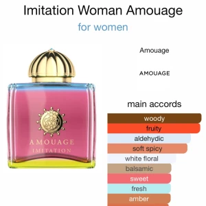 Imitation Woman Eau de Parfum från Amouage - Upptäck Imitation Woman från Amouage, en lyxig Eau de Parfum med en unik blandning av träiga, fruktiga och aldehydiska noter. Flaskan har en elegant design med en gyllene kork och en gradient av rosa och blått glas. Perfekt för den som söker en sofistikerad och djärv doftupplevelse.