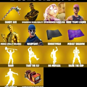 Fortnite konto med lite og och rare saker - En cool Spiderman-mask från Fortnite med ett unikt guld- och svartmönster. Perfekt för cosplay eller att visa upp din kärlek för spelet.