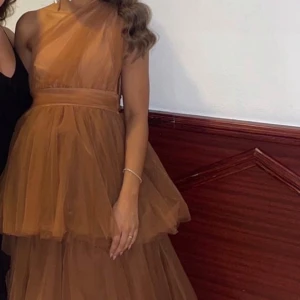 Brun långklänning med volanger - Använd en gång. Elegant brun långklänning med flera lager av volanger. Klänningen har en ärmlös design och en hög halslinje, vilket ger en sofistikerad look. Perfekt för speciella tillfällen. Väldigt lång, släpar lite.