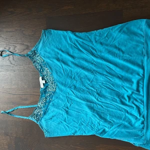 Turkos linne med spetsdetaljer - Säljer ett snyggt turkost linne med smala axelband och vacker spetsdetalj längs halsringningen. Perfekt för sommardagar eller en avslappnad fest. Linnet är i bra skick och har en luftig passform.