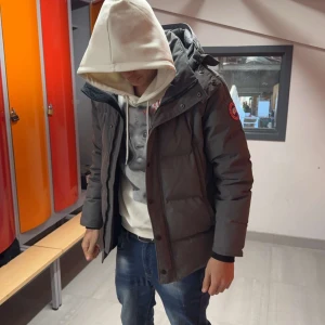 Canada goose jacka  - Säljer en grå dunjacka från Canada Goose med huva och ikonisk logga på ärmen. Jackan har en pufferdesign och är perfekt för kalla dagar. Den har långa ärmar och stängs med dragkedja.