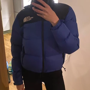 Blå dunjacka från The North Face - Säljer en blå dunjacka från The North Face, den är perfekt för kyliga dagar. Lite smink på som kan tas bort vid tvätt