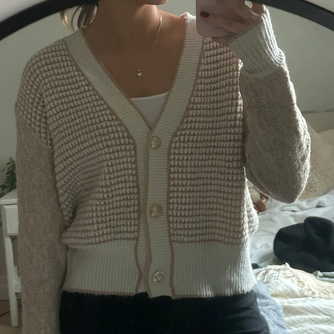 rosa vit stickad kofta med knappar - 91