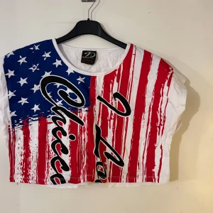 Amerikansk flaggmönstrad croppad topp - Snygg croppad topp med amerikanskt flaggmönster i rött, vitt och blått. Toppen har ett tryck med texten 'Chicago' och är ärmlös med en rund halsringning. Perfekt för en avslappnad stil.