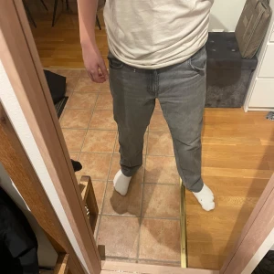 Grå jeansbyxor från Wrangler - Säljer ett par grå jeansbyxor från Wrangler, modell Texas Authentic Straight. Byxorna har en klassisk straight passform. Lite mera baggy kanske. Varierar från person. Jag på bilden är 160 och dom passar bra. Skulle nog inte passa om man är över det. 