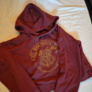 Vinröd hoodie från H&M med Hogwarts-tryck - Säljer en supercool vinröd hoodie från H&M med ett stort Hogwarts-tryck på framsidan. Perfekt för alla Harry Potter-fans! Den är i storlek 134/140 och passar barn i åldern 8-10 år. Hoodien är i bra skick och väldigt bekväm att ha på sig. Perfekt för höst och vinter! 🧙‍♂️✨