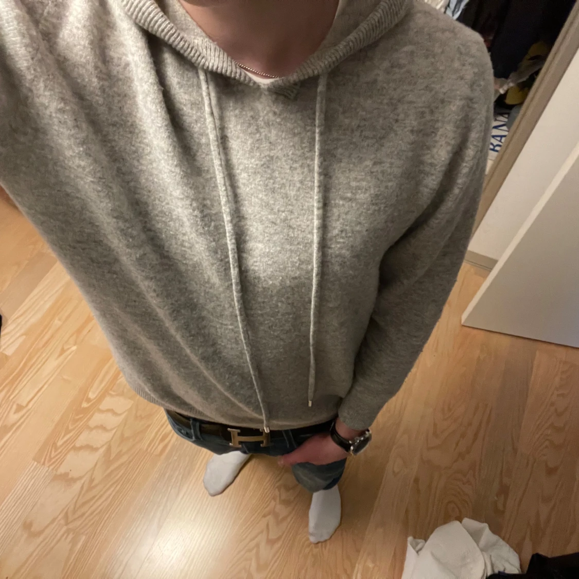 Grå merinoull hoodie - 2